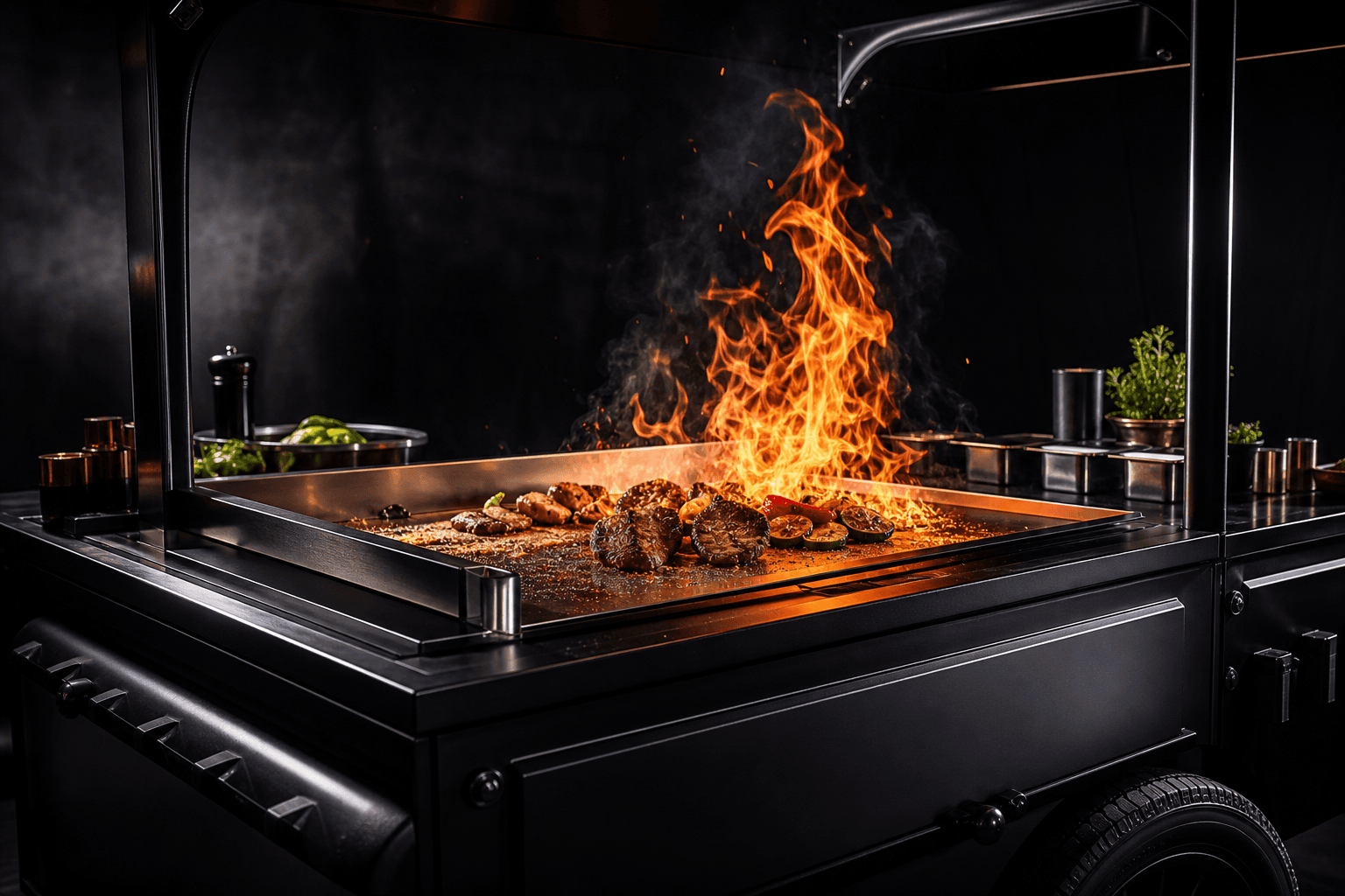 Mobile teppanyaki production unit with active flame griddle